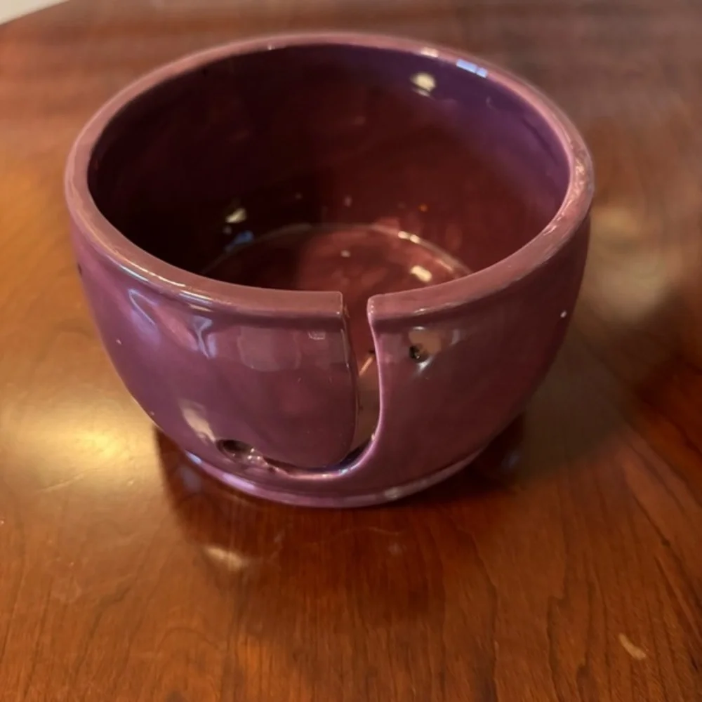 Handmade Ceramic Pottery Yarn Bowl Knitting Crochet. Purple w speckles